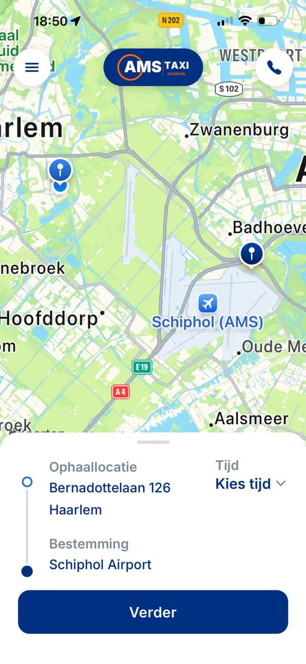 Screenshot van de AMS Taxi Schiphol-app: een rit boeken op de kaart