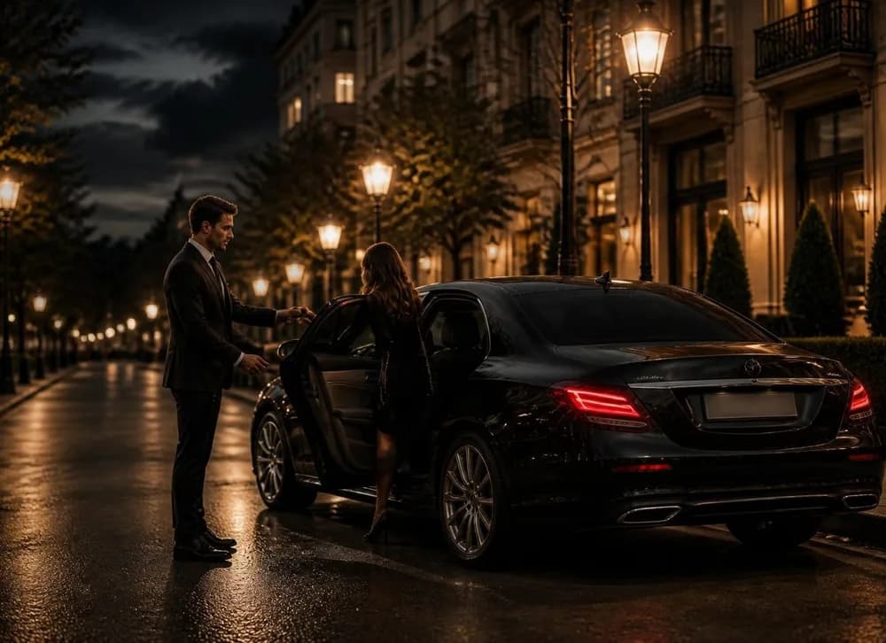 Chauffeur houdt het portier open voor een klant