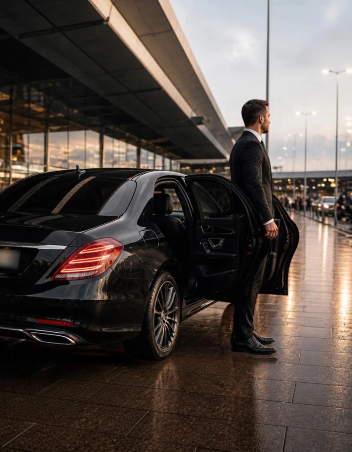 Chauffeur van AMS Taxi Schiphol bij de vertrekhal van de luchthaven