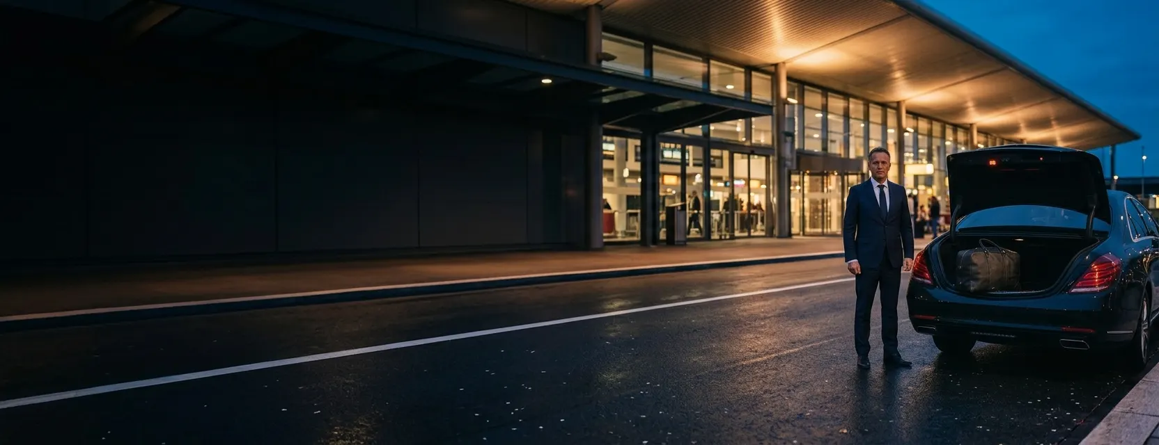 Chauffeur van AMS Taxi Schiphol bij de vertrekhal van de luchthaven