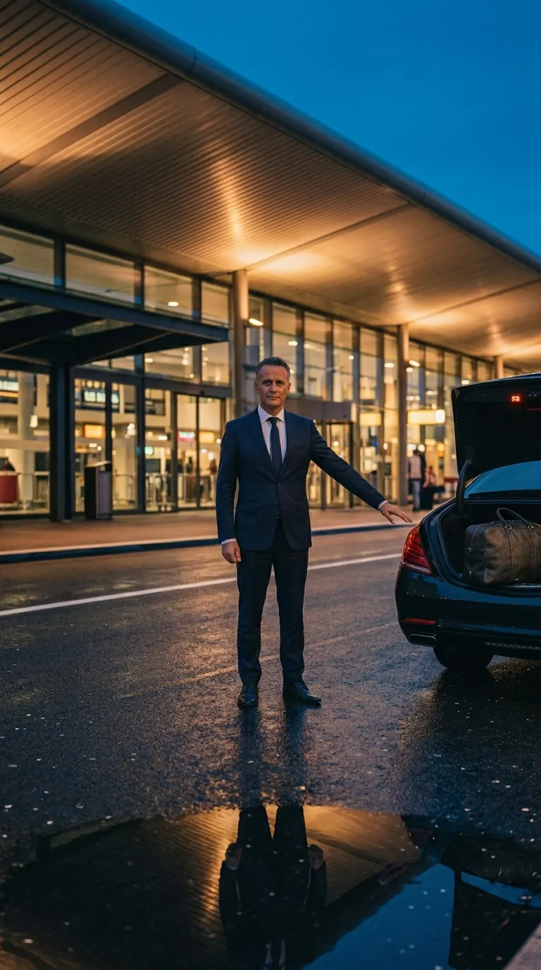Chauffeur van AMS Taxi Schiphol bij de vertrekhal van de luchthaven