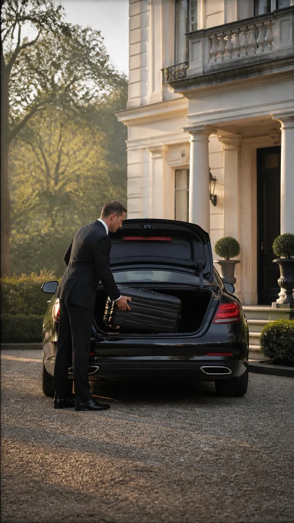 Chauffeur tilt een koffer in de kofferbak voor een woning