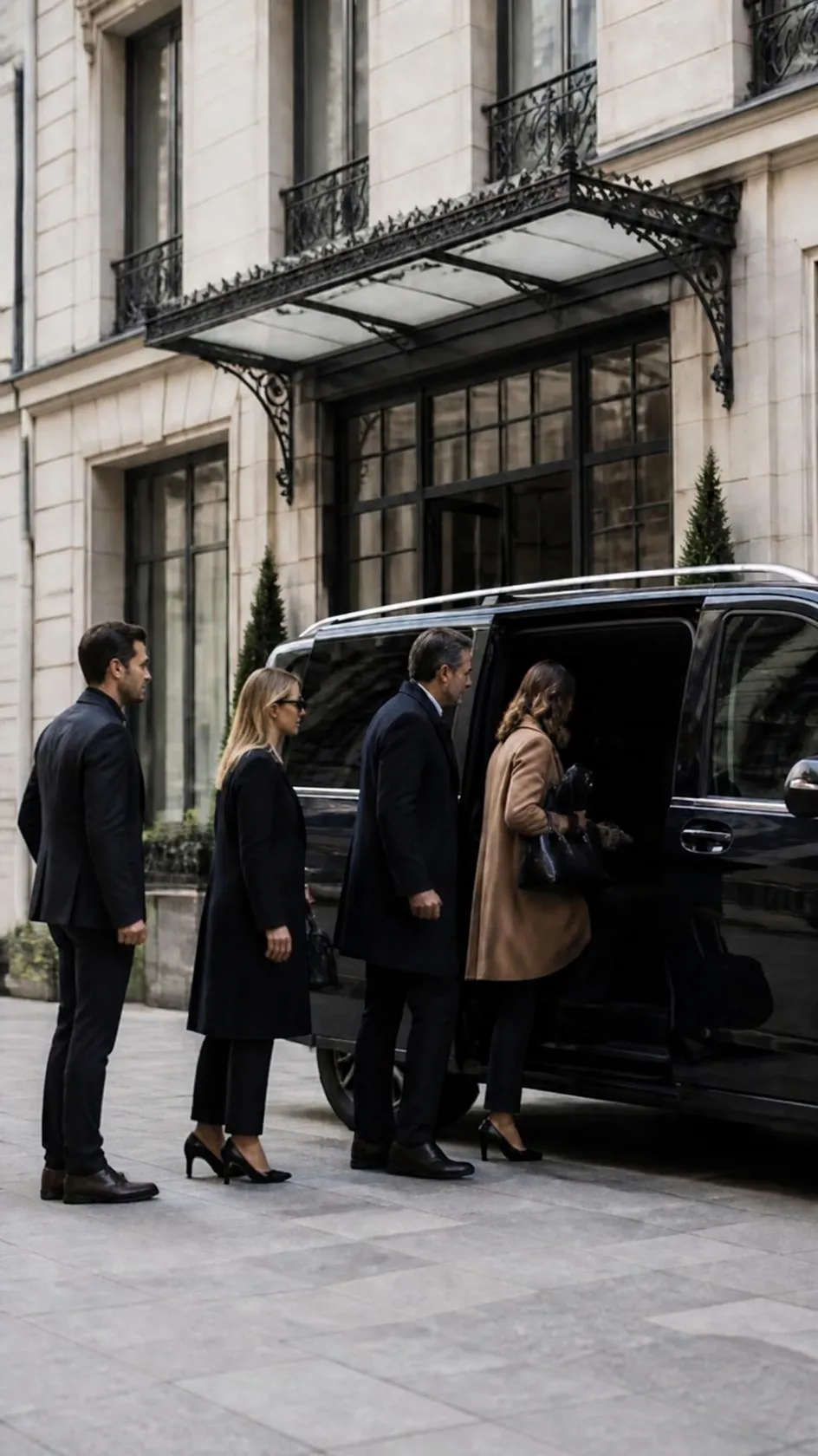 Vier collega's stappen in een Mercedes V-klasse
