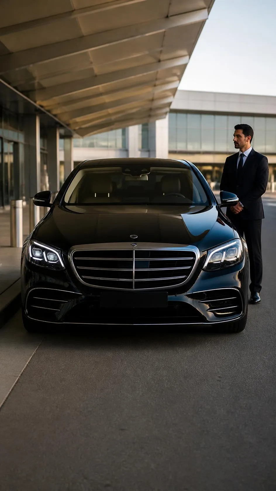 Zwarte Mercedes met chauffeur bij de vertrekhal
