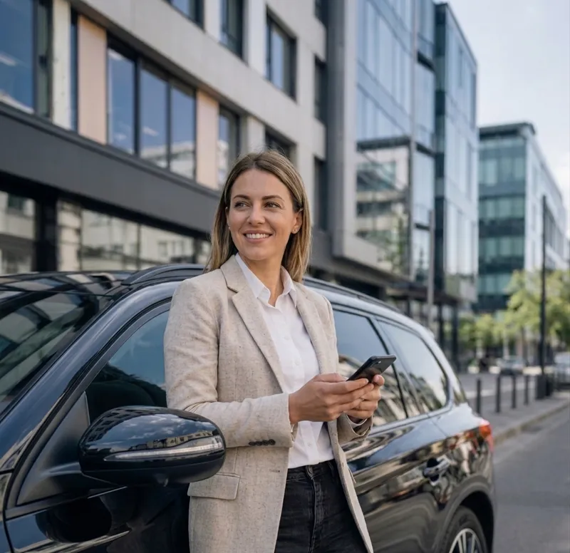 Vrouw met telefoon naast een zwarte auto in de stad