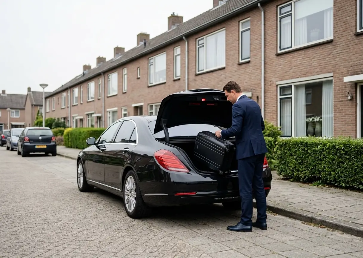 Chauffeur zet een koffer in de kofferbak, voor de deur in een woonstraat