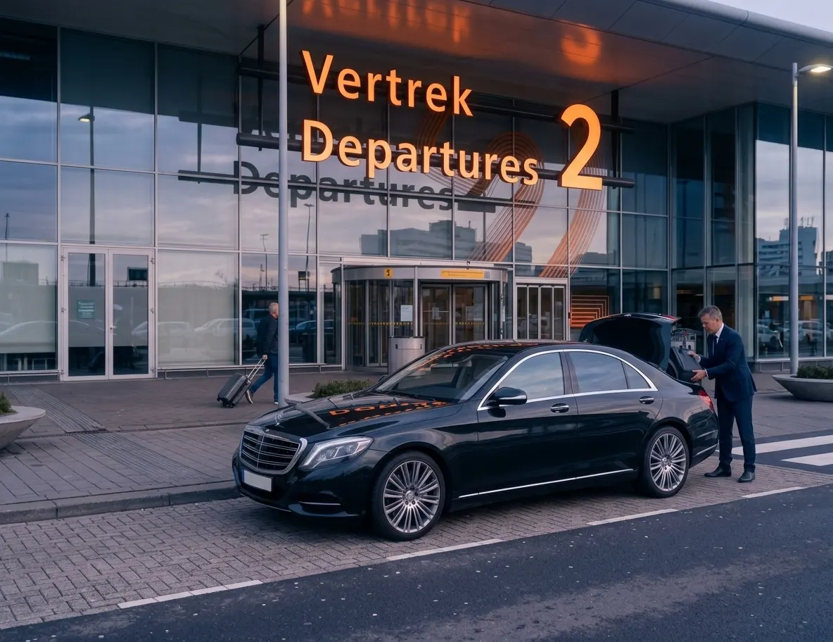 Onze chauffeur zet een koffer in de auto bij Vertrek 2 op Schiphol