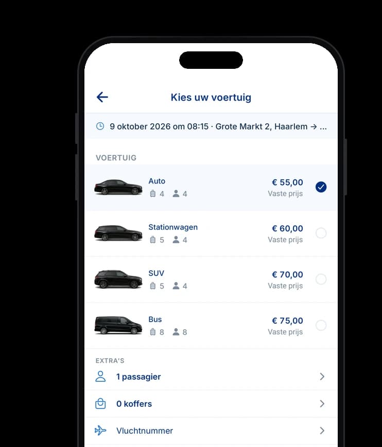 De AMS Taxi Schiphol-app: kies uw voertuig, met de vaste prijs per wagen