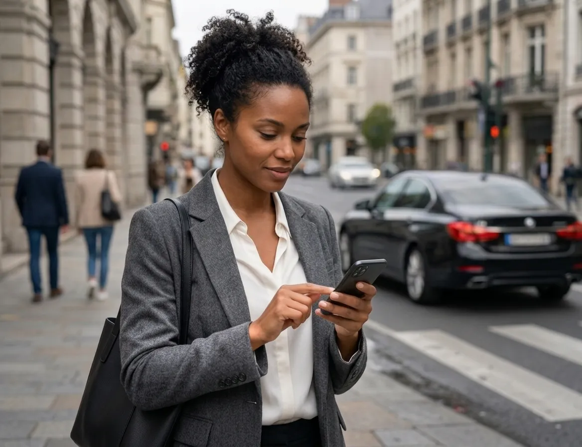 Vrouw op straat die op haar telefoon een rit boekt