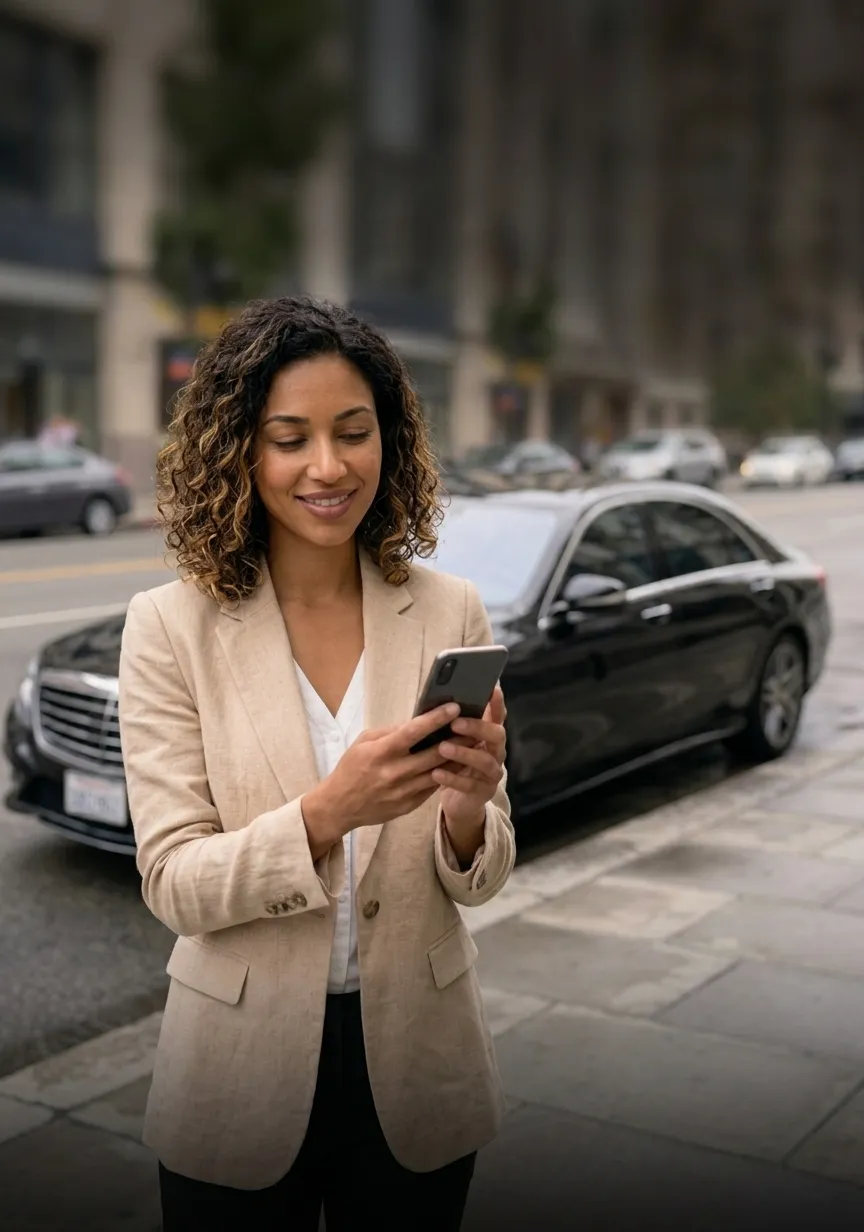Vrouw op de stoep met haar telefoon, de taxi wacht achter haar