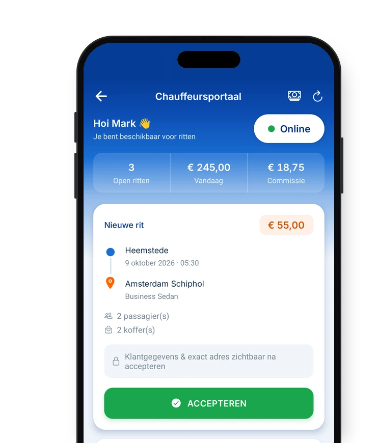 Het chauffeursportaal in de AMS Taxi-app, met voorbeeldritten