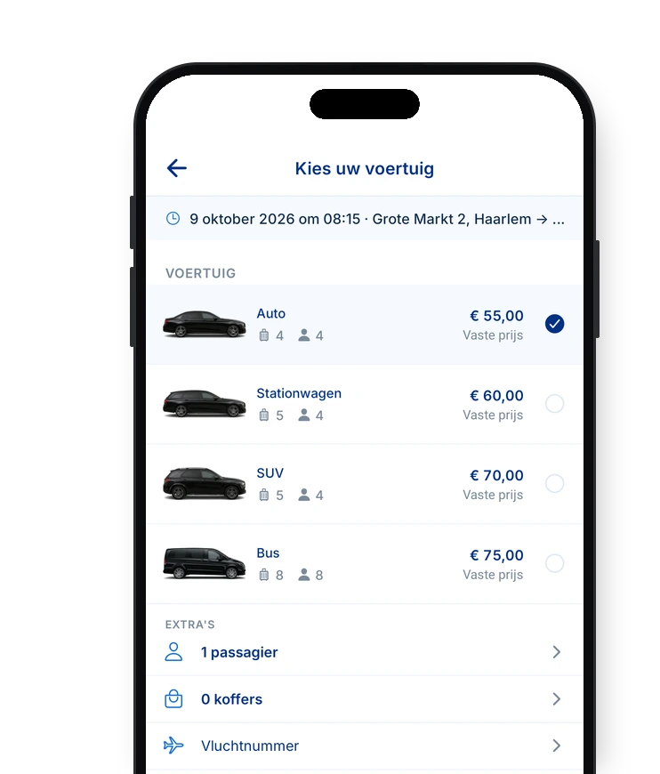 De AMS Taxi Schiphol-app: kies uw voertuig, met de vaste prijs per wagen